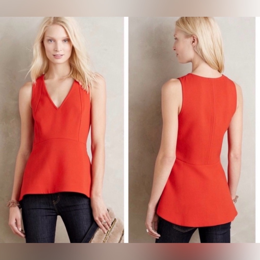 Anthropologie Leifsdottir Vibrant Coral Red Peplum Sleeveless Top Size 6‎